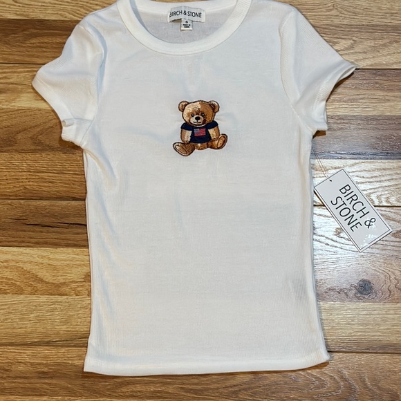 White Short Sleeve Tee with Cute Teddy Bear - Picture 1 of 5